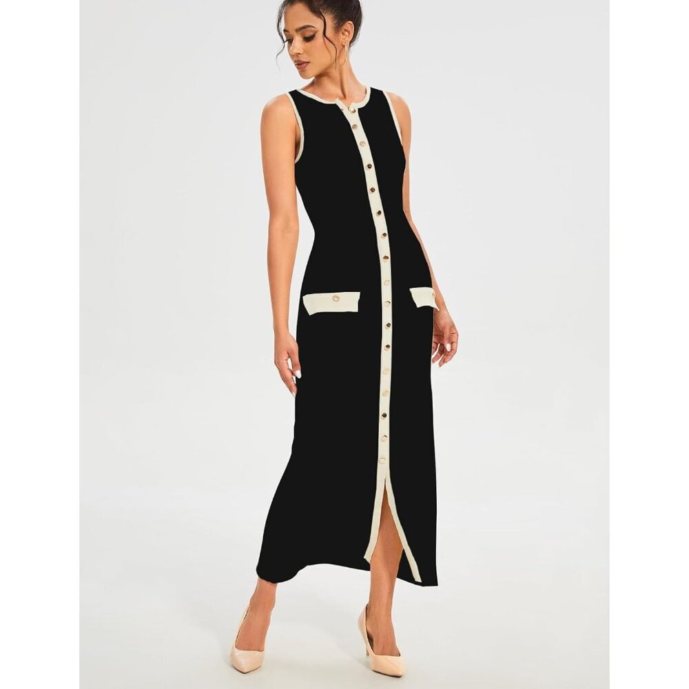 Womens Sleeveless Knit Maxi Dress Ribbed Bodycon Elegant Button Down Summer - Picture 8 of 8